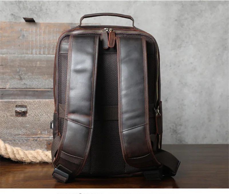Vintage Crazy Horse Rindsleder Herrenrucksack, hochwertiger, luxuriöser, natürlicher Echtleder-Rucksack für Outdoor-Reisen, Laptop-Rucksack, Schultasche – Detail 12
