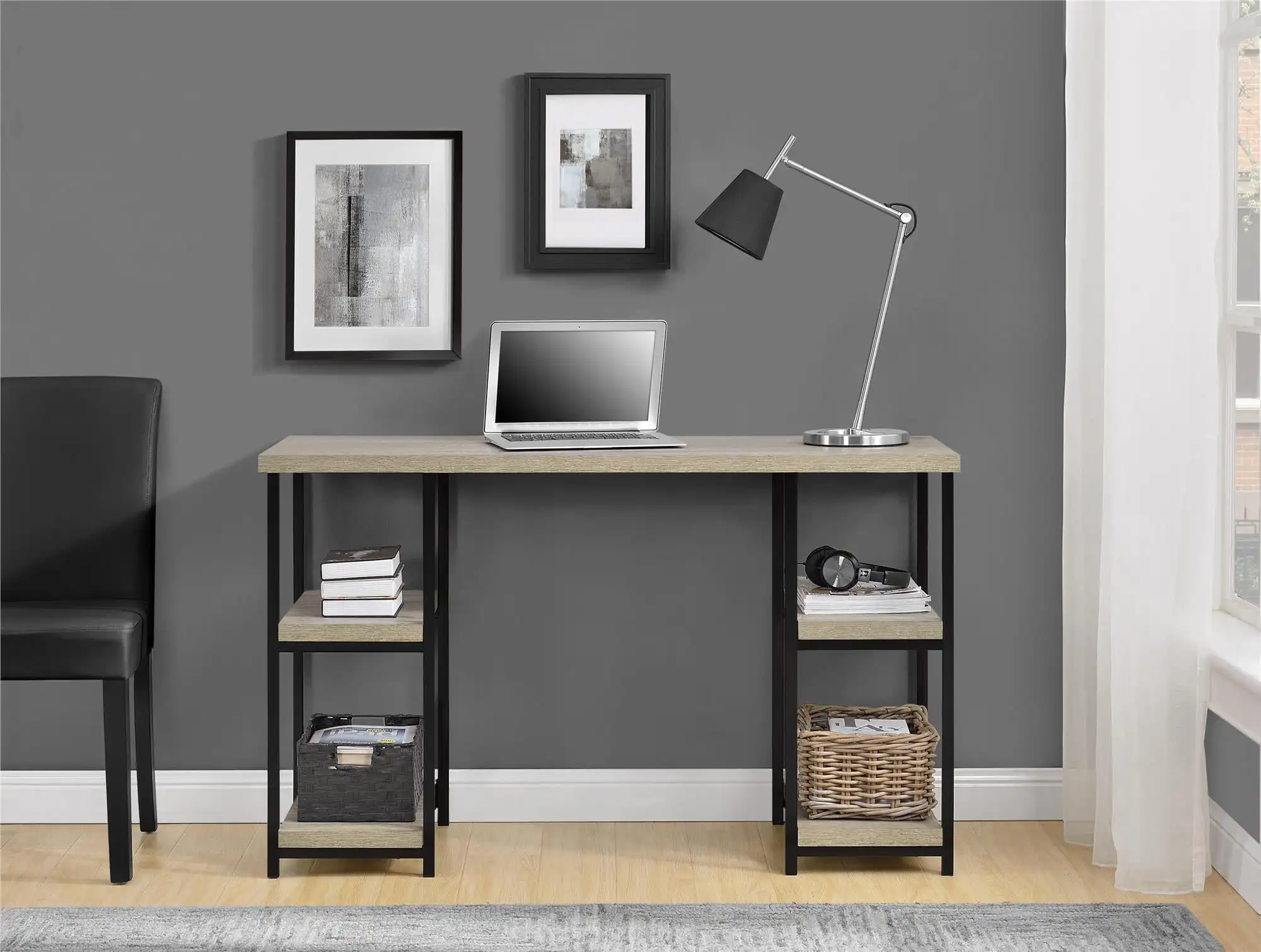 Double Pedestal Computer Desk, Distressed Gray Oak