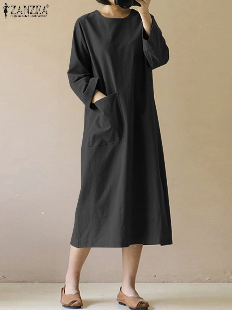 

ZANZEA Spring Long Sleeve Vestidos Casual Sundress Vintage Dress Solid Split Hem Robe Female Women Pockets Loose Midi Dress