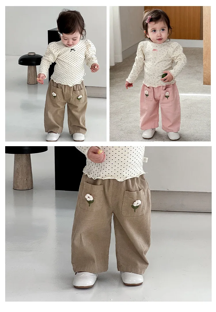 Description Picture 6 of itemGirls' Flower Straight Leg Pants 2025 New Autumn Baby Korean Embroidered Casual Pants Children's Stylish Autumn Pants
