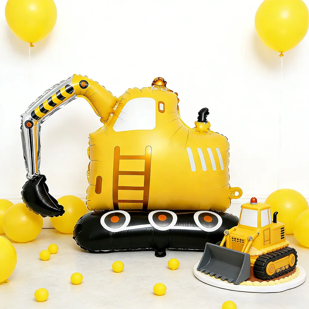 1 3D-Bagger Aluminiumfolienballon, Fahrzeugballon, Geeignet für Baustellen-Themenpartys, Dekorationen für Baustellen-Geburtstagsfeiern