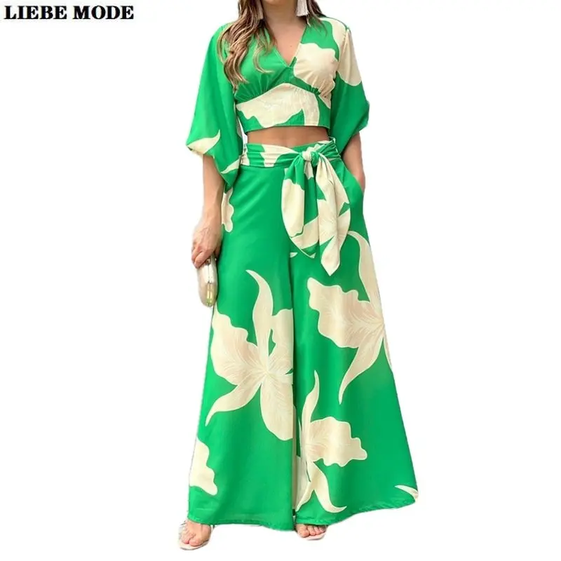 

Bohemian Women Chiffon Two Piece Set Beach Fashion Flroal Print V Neck Lantern Sleeve Blouse Tops Loose Wide Leg Pants Suit