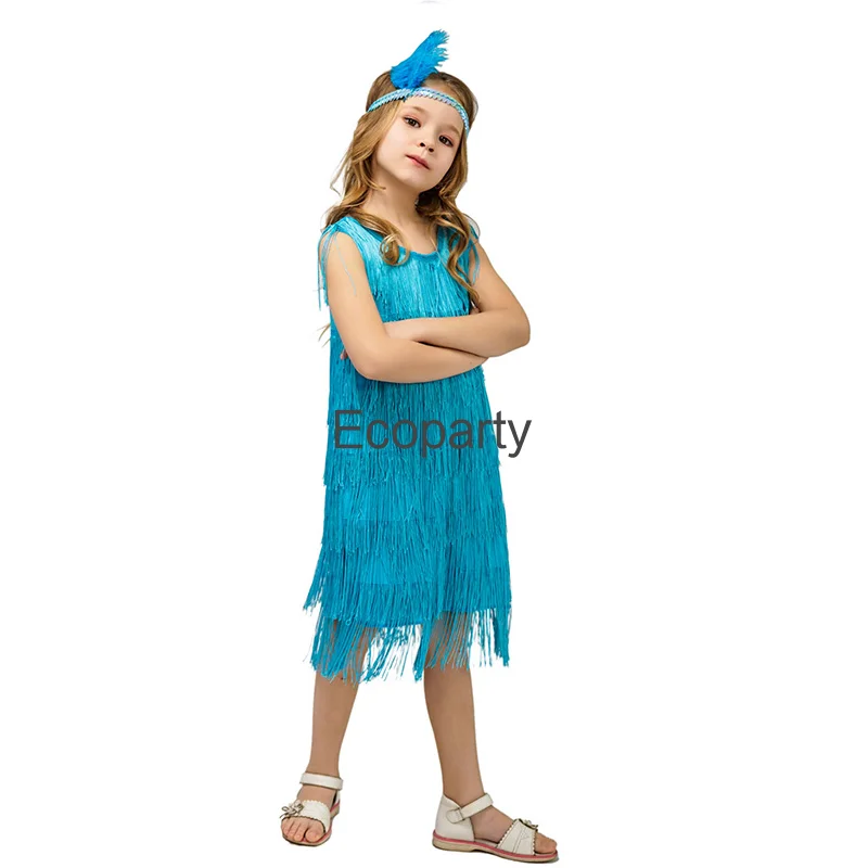 Girls 1920s Flapper Dress Kids Latin Dance Costumes Solid O-Neck Sleeveless Tassel Dress Headwear Set Halloween Party Costume images - 6