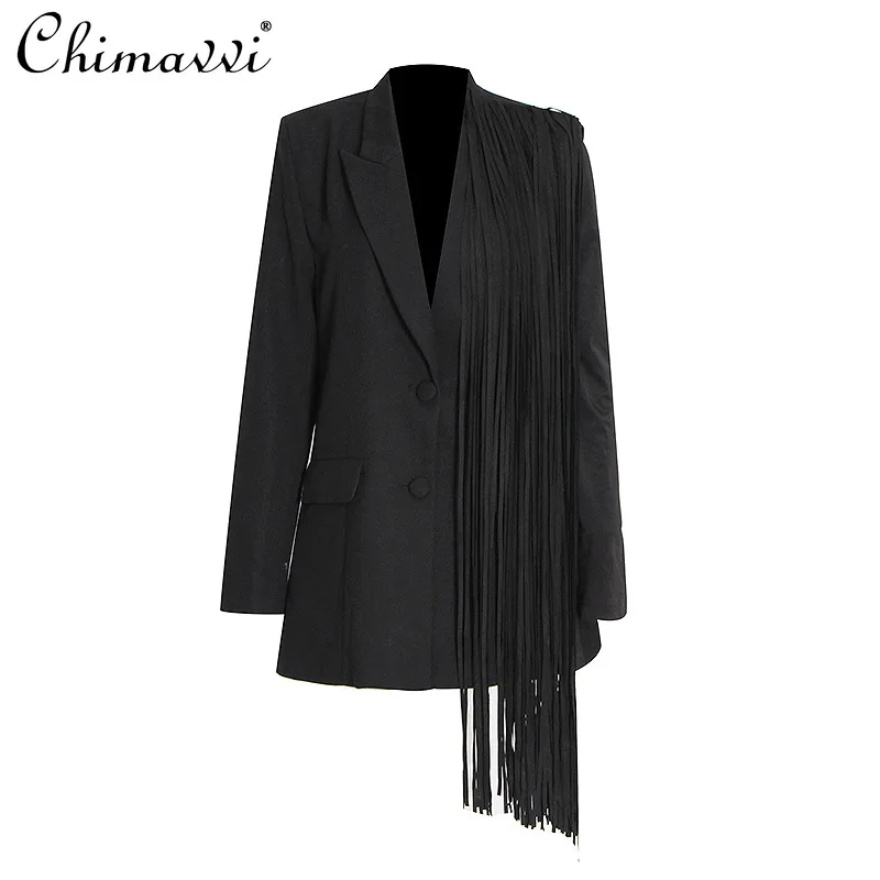 

Heavy Tassel Asymmetric Suit Jackets 2024 Spring New Fashion V-neck Long Sleeve Slim Elegant Women's Mid-Length Blazers Coat