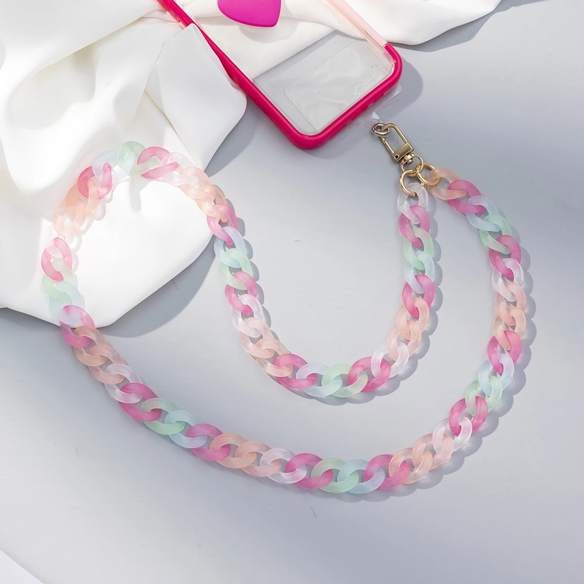 Fashion Sweet Colorful Acrylic Beaded Telephone Chain Anti-Lost Hanging Neck Long Chain Women Girl Phone Case Lanyard Jewelry