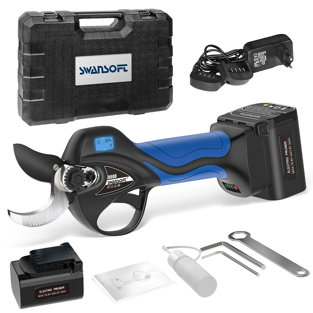 Swansoft SW-8608 35mm cordless electric pruning shears with LED progressive cut, 16.8V 4AH 4AH battery 5