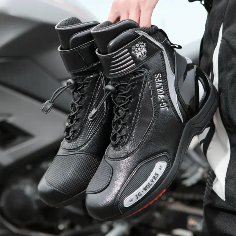 JG-Wolf Leather Motorcycle Boots Men Motos Breathable Anti Slip Wear-resistant Riders Boots Black Motorcycle Equipment