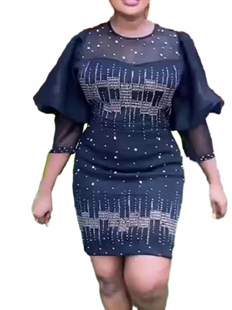 

African Dress For Women Fashion Elastic Slim Hot Diamond Africa Clothes Puff Sleeve High Waist Party Evening Dress Birthday Wear