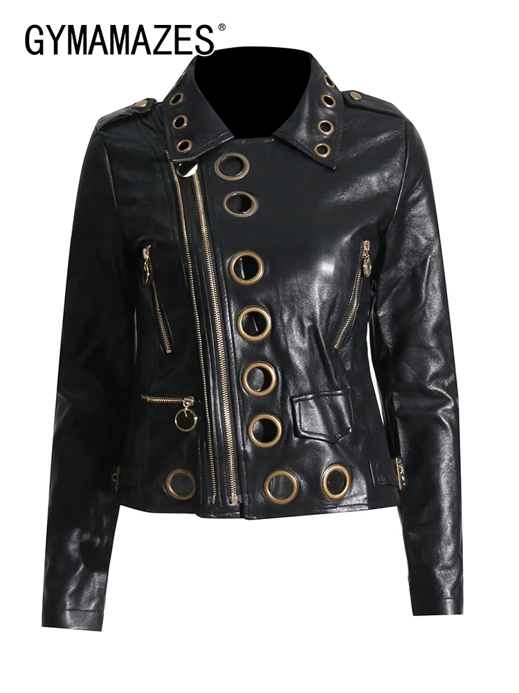 

GYMAMAZES Solid Chic Jackets For Women Lapel Long Sleeve Casual Patchwork Zipper Hole Hollow Out Leather Coats Female Autumn New