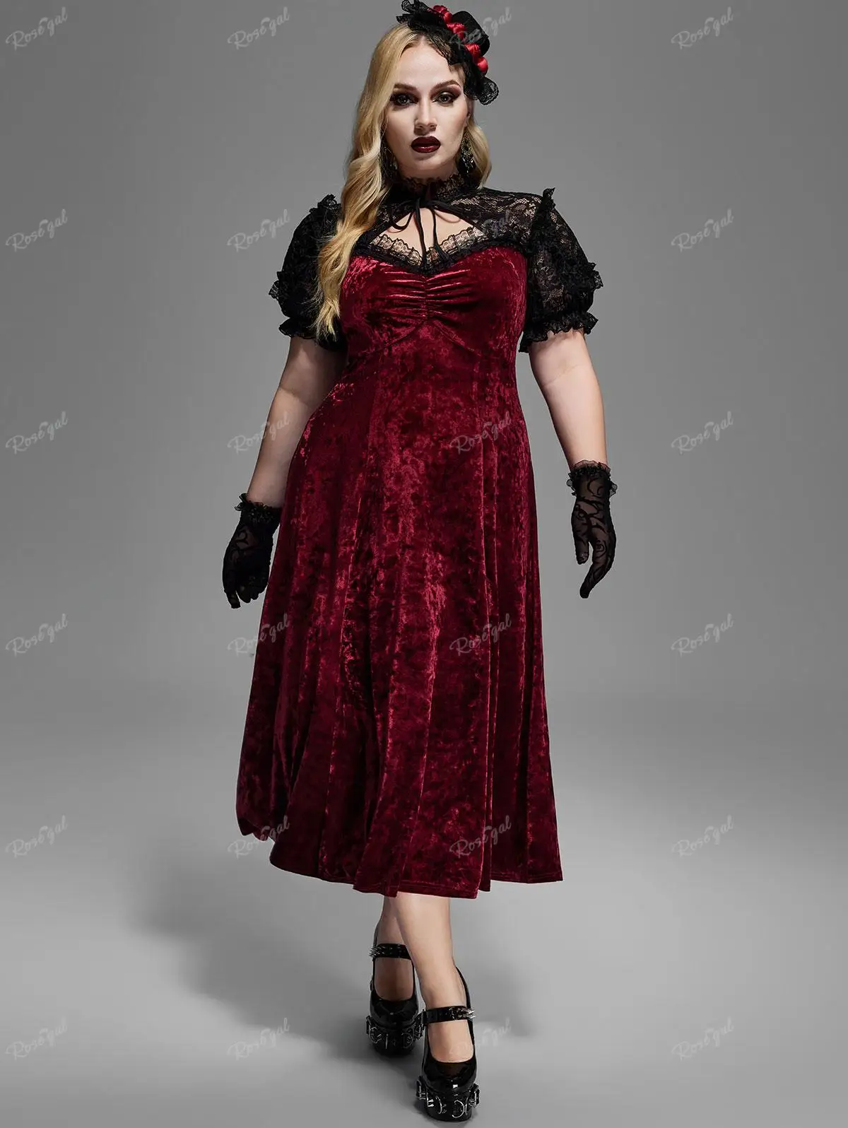 

ROSEGAL Plus Size Elegant Women's Dresses Gothic Lace Panel Cut Out Ruched Cinched Velvet Party Dress Puff Sleeves Vestidos