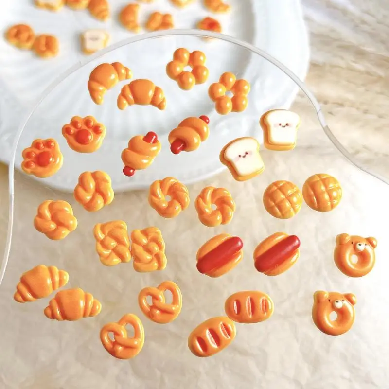 30PCS Cute Creative Sausage Bread Nail Art Decorations Simulated Smiley Toast Cat Paw Bread Dessert Series Nail Charms DIY Nails 3