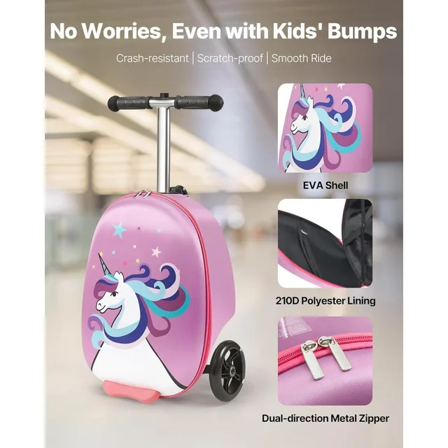 20L 20 Inch Purple Kids Ride-on Luggage Scooter Suitcase Flash PU Wheels Adjustable Handle TPR Grip Foldable for 5+ Kids Travel