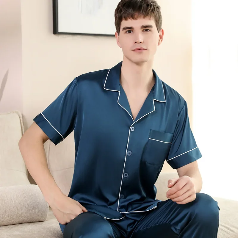 High Qaulity Pajamas Suit Men Summer New Short-sleeved Trousers Sleepwear Spring Summer Imitation Ice Silk Loungewear Solid Gent