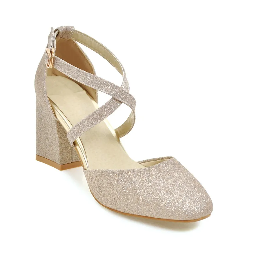 2025 أحذية بكعب سميك أنثى الترتر القماش الجنية الر...