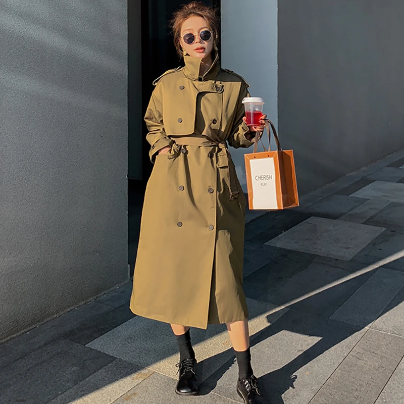 Women's Khaki High-End Fashion Windbreaker Jacket Over The Knee Long Style Spring Autumn New Casual Loose British Style Drape M5 bubble coat women