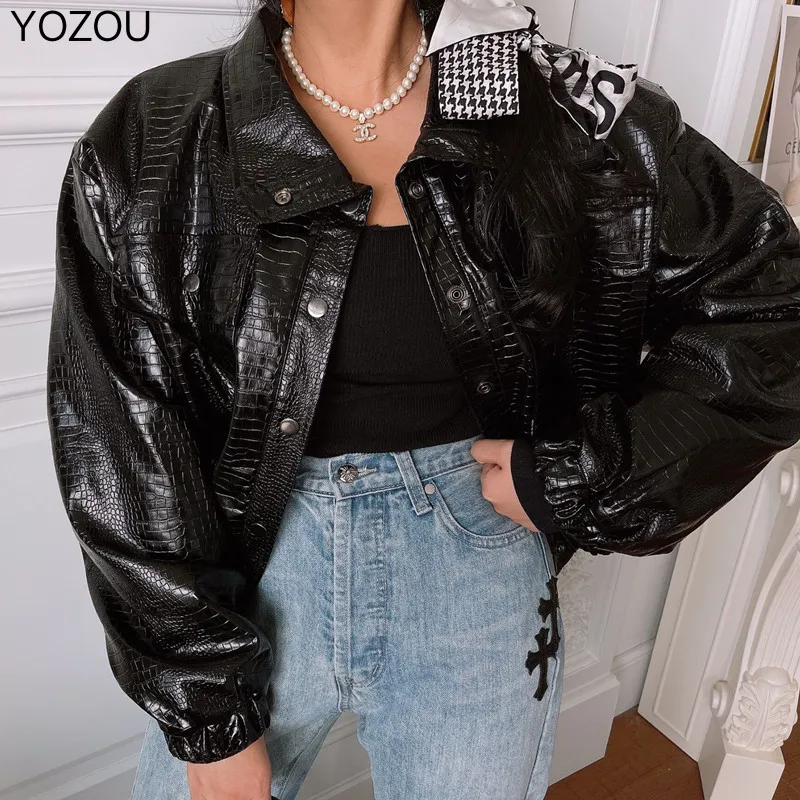 

Winter Black PU Faux Fur Leather Padded Cropped Biker Bomber Jacket Quilted Coat Short Parka Goth Outwear High Street Streetwear