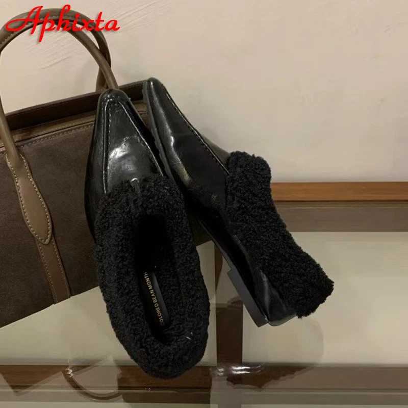 Aphixta Soft Furry Loafers Warm Flat With Women Shoes Slip On Sewing Casual Pointed Toe Flats Short Plush Autumn Winter Loafers