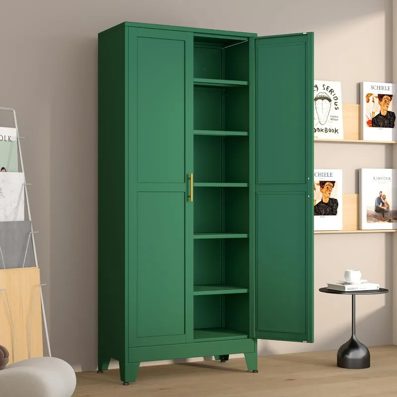Metal Pantry Cabinet with 2 Doors and 5 Adjustable Shelves, 75" Kitchen Storage cabinets with Gold Handles, Versatile Storage