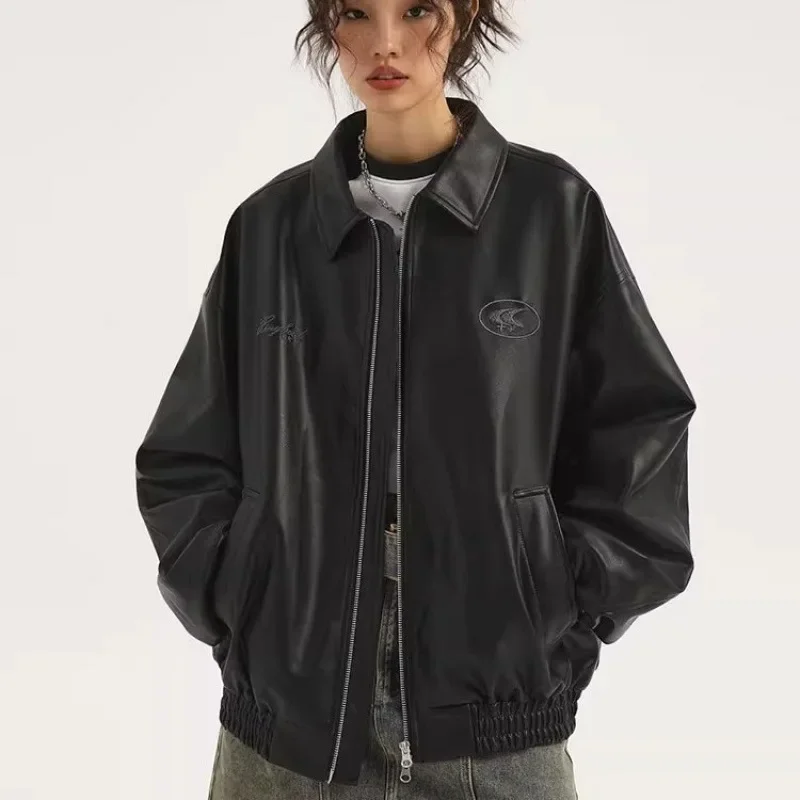 Giacca in pelle PU nera Star River per uomo e donna, nuova giacca in pelle retrò invernale di marca alla moda 2025