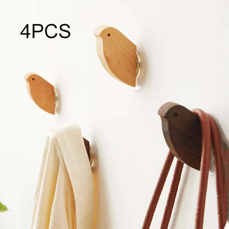 

4PC Wood Bird Hook Walnut Hanging Hanger Bathroom Wall Hook Kitchen Door Clothes Storage Rack For Home Towel Key Decoration Hook