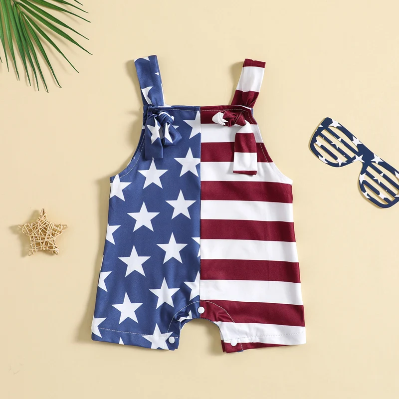 

Toddler Baby Girl 4th of July Outfit Little Girl Print Suspender Romper Infant Sleeveless Jumpsuit Summer Clothes