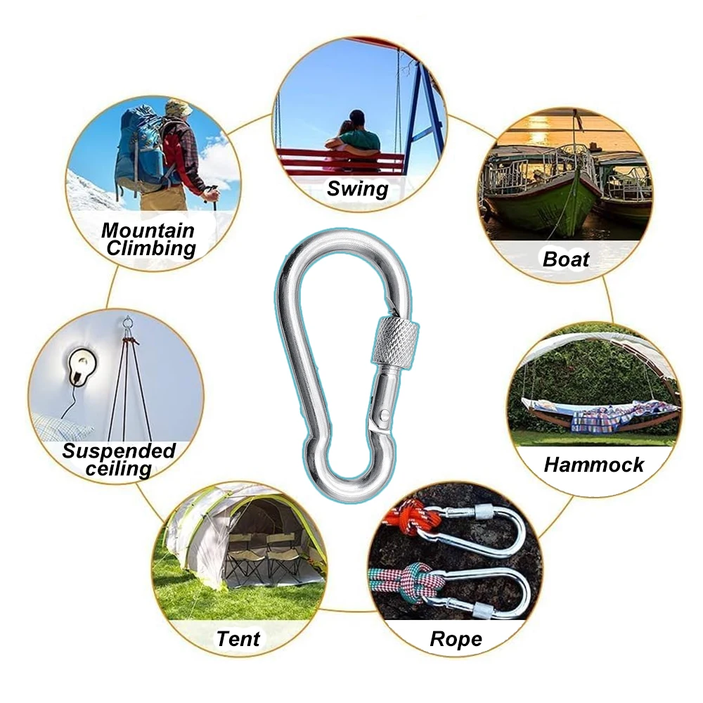 Durable Stainless Steel Locking Carabiners - Heavy Duty Clip for Camping and Outdoor Activities