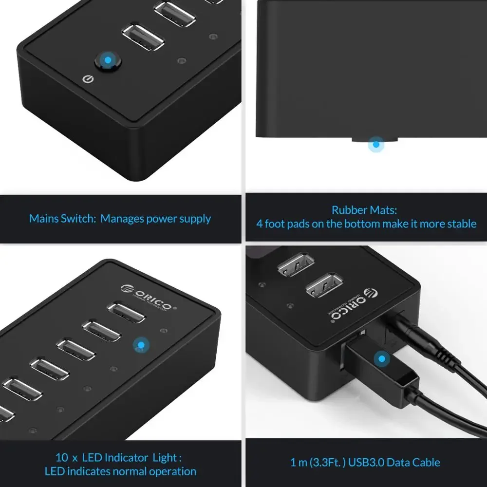 Orico-alta Velocidade Usb Hub com 10 Portas Abs Usb 2.0 12v Adaptador de Energia Divisor para pc Acessórios de Computador Cabo de Dados 1m - Imagem 6
