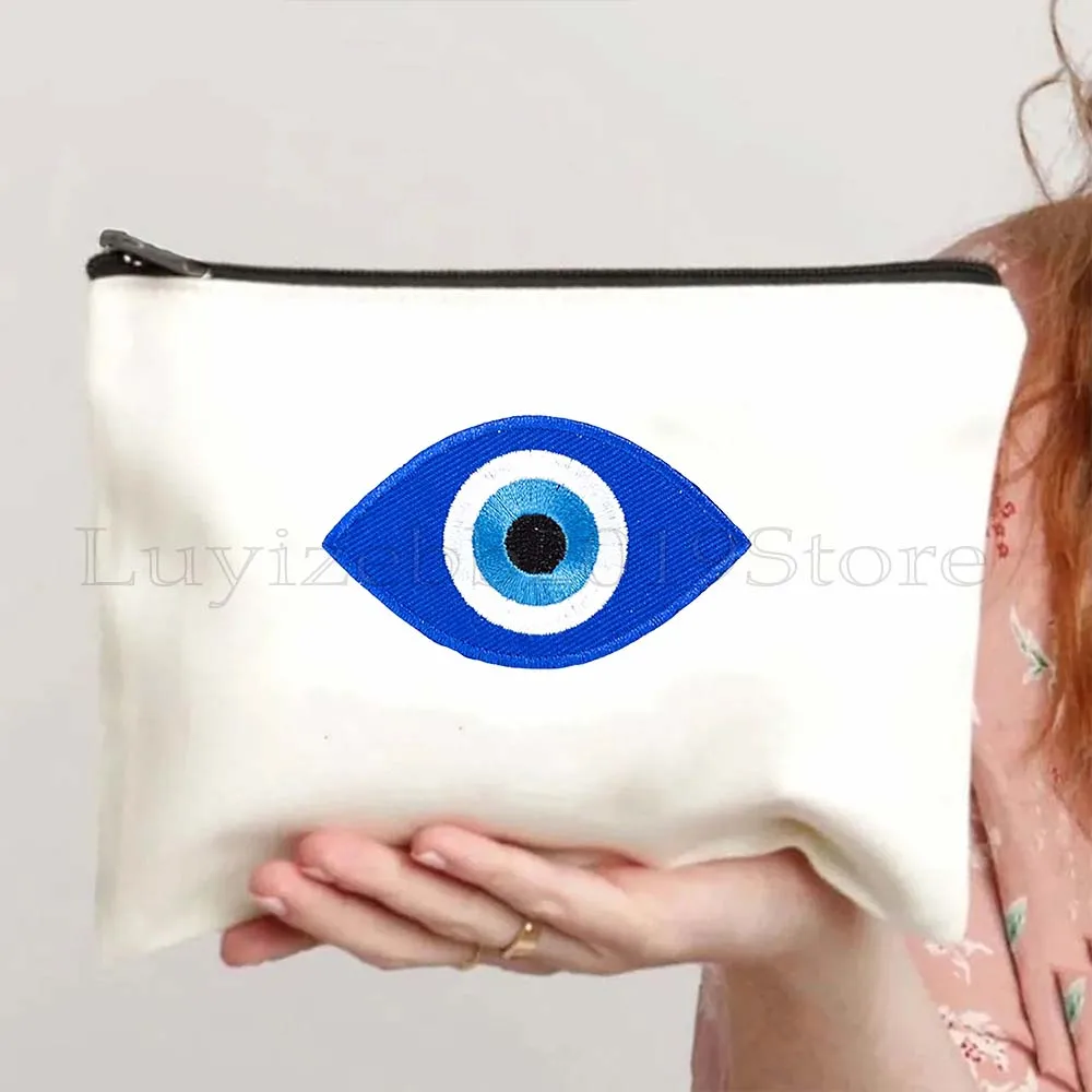 Colorful Blue Evil Eye Charm Nazar Amulet Love Heart GREECE Boho Mandala Canvas Bag Cosmetic Makeup Bag Pencil Case Zipper Pouch 4