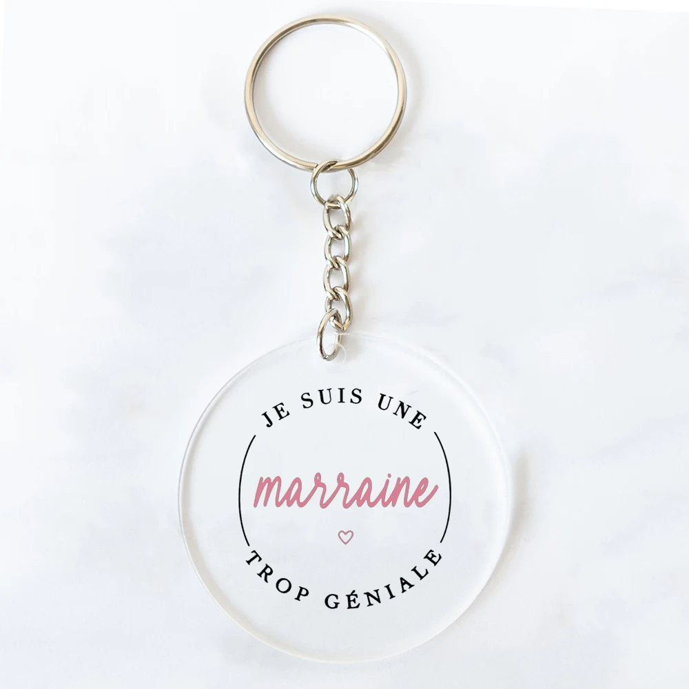 Best Godmother In World Print Keychain Circle Monogram Acrylic Keyring Fashion Key Chain Festive Birthday Gifts for Marraine