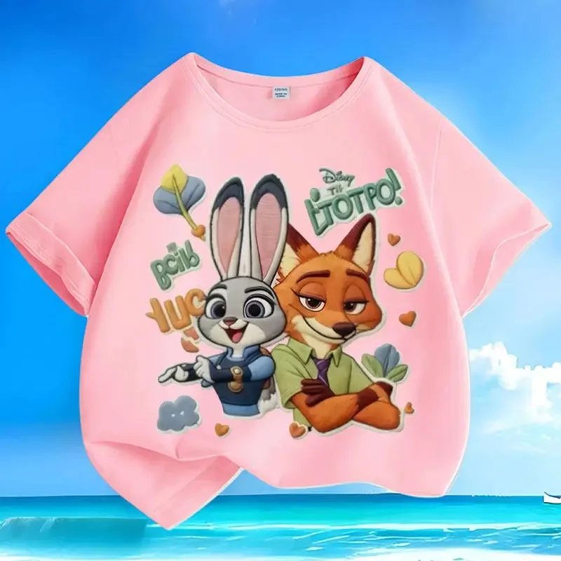New loose pure cotton t-shirt with Disney Zootopia print, versatile, casual, summer, short-sleeved, with round neck,for children