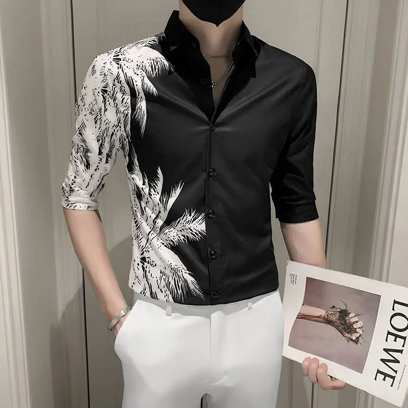 

Fashion Lapel Button All-match Printed Shirt Men's Clothing 2023 Spring New Oversized Casual Tops Asymmetrical Shirt