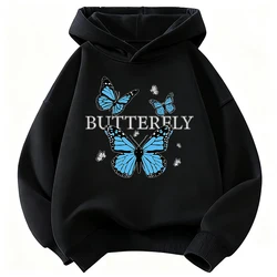 Children's Blue Butterfly Fashion Design Sweatshirt - Cute and Casual Hoody - 160 (BLACK)