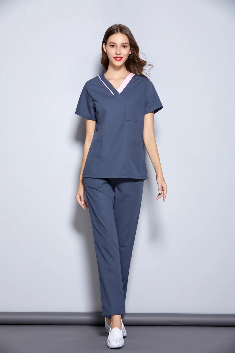 Women's Summer Multi Colorful Fancy V Neck Short Sleeve Dental Clinic Medical Uniforms Top and Long Pant Set Workingwear