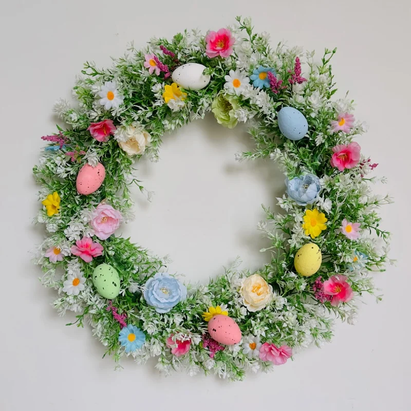 

35cm Easter Wreath with Pastel Eggs Artificial Daisy Flower Front Door Porch Welcome Sign Spring Festival Decor Party Supplies