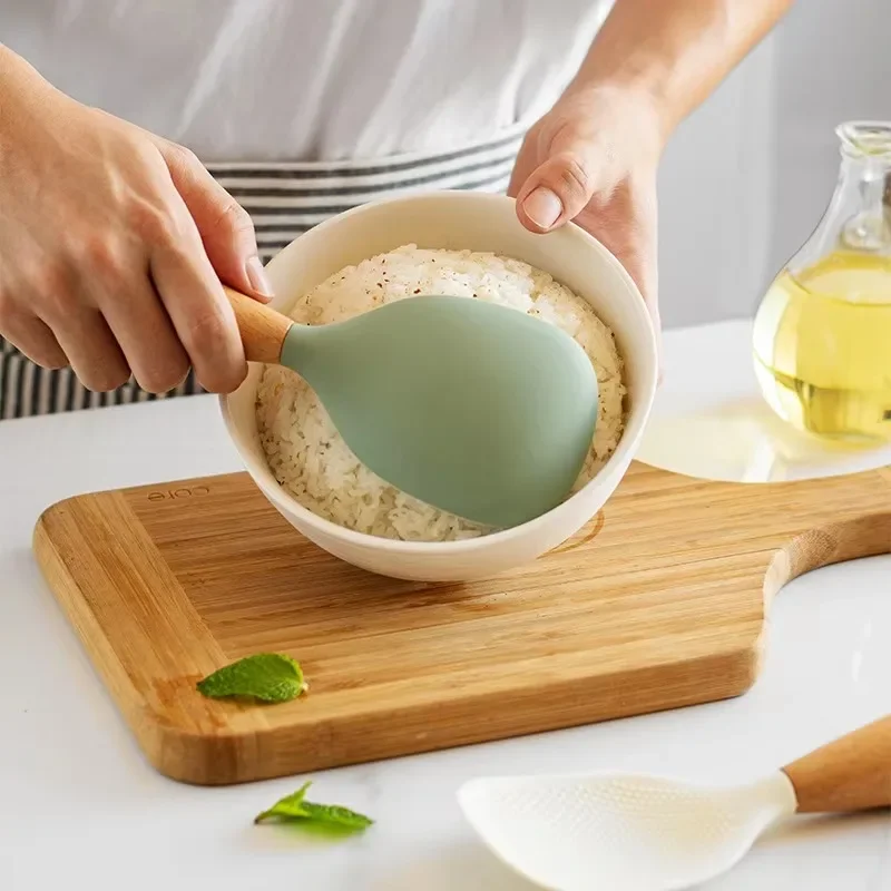 1PC High Temperature Silicone Spoon Nonstick Rice Serving Spoon Wooden Handle Kitchen Utensils Kitchen Tools