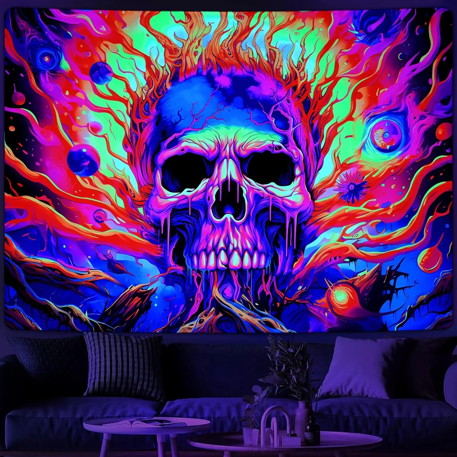 

Blacklight Skull Tapestry Colorful Flames Tapestries Tree Branch Glow in The Dark Eyes Wall Hanging Aesthetic Bderoom Decoration