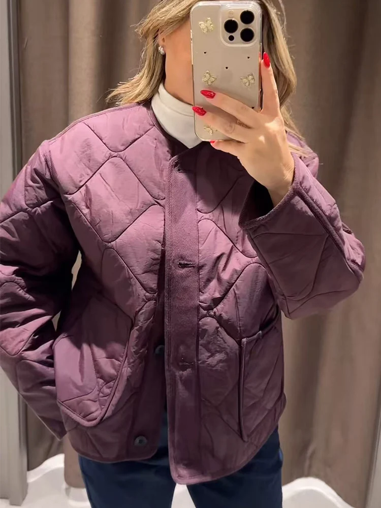 Autumn New Women's Round Collar Quilted Cotton Coats Simple Versatile Long Sleeve Single Breasted Jacket Thin Cotton Coat