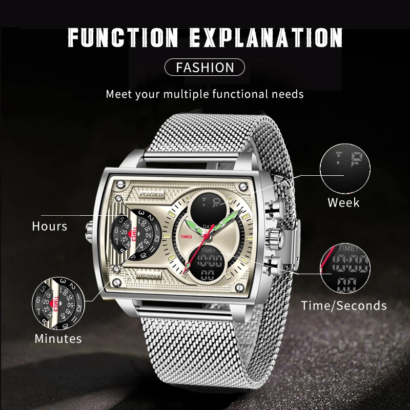 FOXBOX Men Watch Luxury Square Sport Watch For Men Double Display Watches Mens Quartz WristWatch Date Clock Relogio Masculino