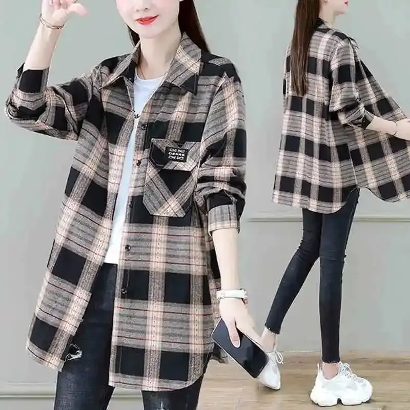 Fashion Lapel Button Pockets Loose Plaid Shirts Women's Clothing 2023 Autumn Winter Oversized Casual Tops Asymmetrical Blouses
