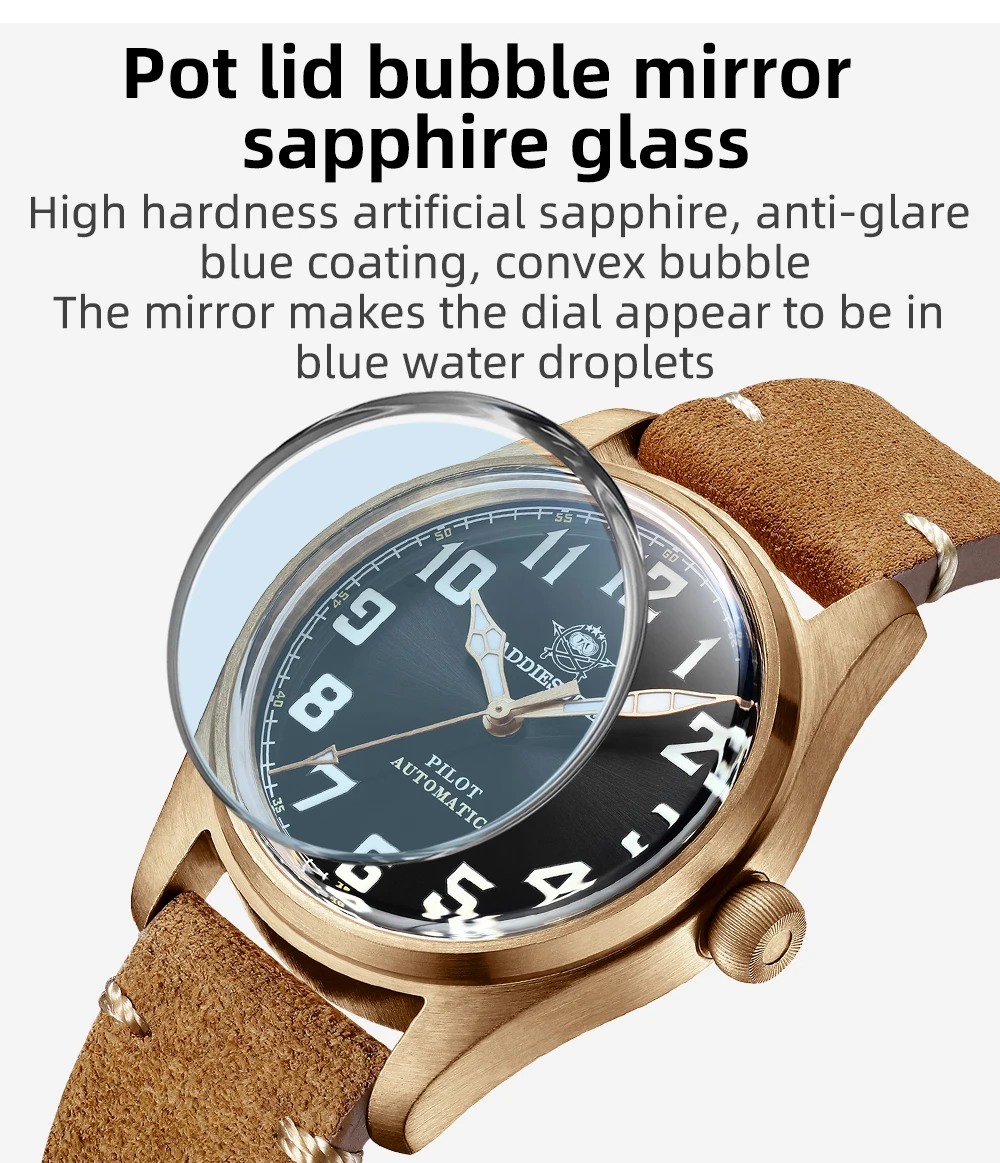 ADDIESDIVE 39mm Pilot Watch Mens CuSn8 Bronze Mechanical Watches Fashion Style Men 20 Bar Luminous Sapphire Automatic Wristwatch