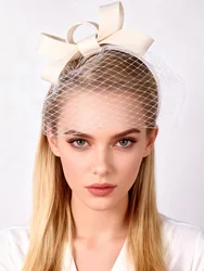Elegant White Wool Felt Fascinator with Veil and Bowknot - Perfect for Weddings, Tea Parties, and Church Events (White)