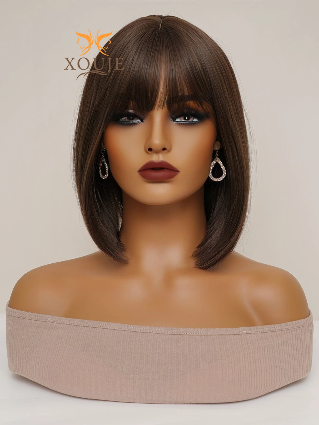 XOUJE 14 Inch Long Straight Wigs with Bangs Natural Brown Wigs for Daily Wear Comfortable Elegant Synthetic Wigs