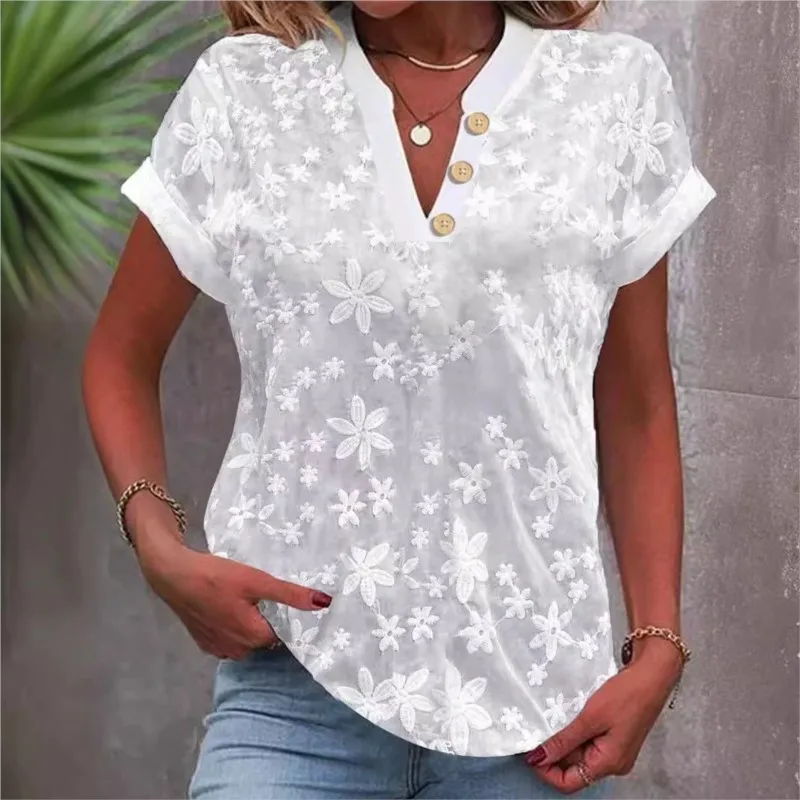 

Office Lady Button Tops 2024 Summer Casual Solid Color V-neck Short Sleeved Shirt For Women Blusas Femininas Camisas