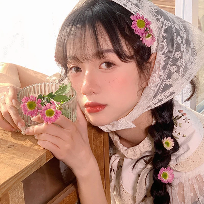 여름 레이스 삼각형 머리 스카프, 여성용 모자, 한국 스카프 머리띠, 헤어 액세서리, 스위트 터번 히잡
