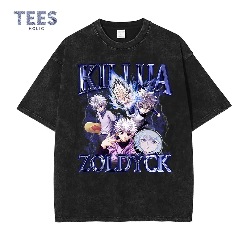 

Killua Zoldyck T Shirts Men Vintage Washed Anime Hunter X Hunter Tops Tees Summer Harajuku Streetwear Short Sleeve Manga T-shirt