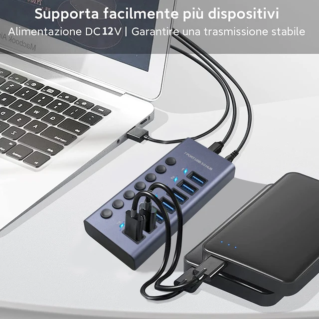 Hub USB alimentado, concentrador USB 3.0 de 7 puertos sipolar con indicador  LED, multipuerto USB con adaptador de corriente de 12 V 3 A, expansor de