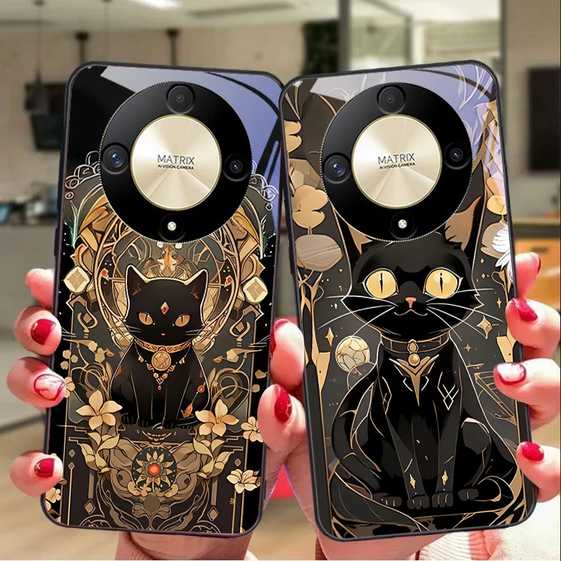 Black Gold Cat Design Tempered Glass Phone Case