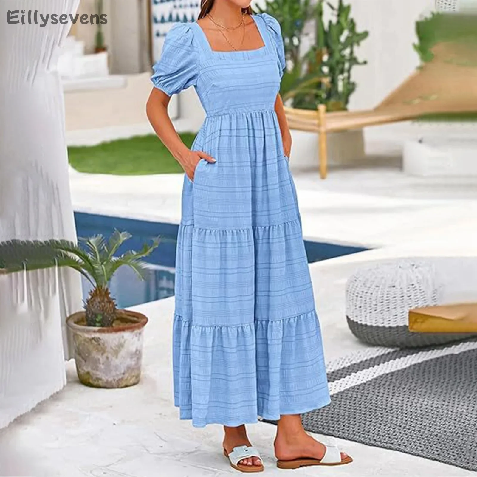 

Women's Fashion long dresses Solid Color Bubble Sleeve Sundress Square Pleated Short Sleeved Dress with Pockets vestidos curtos