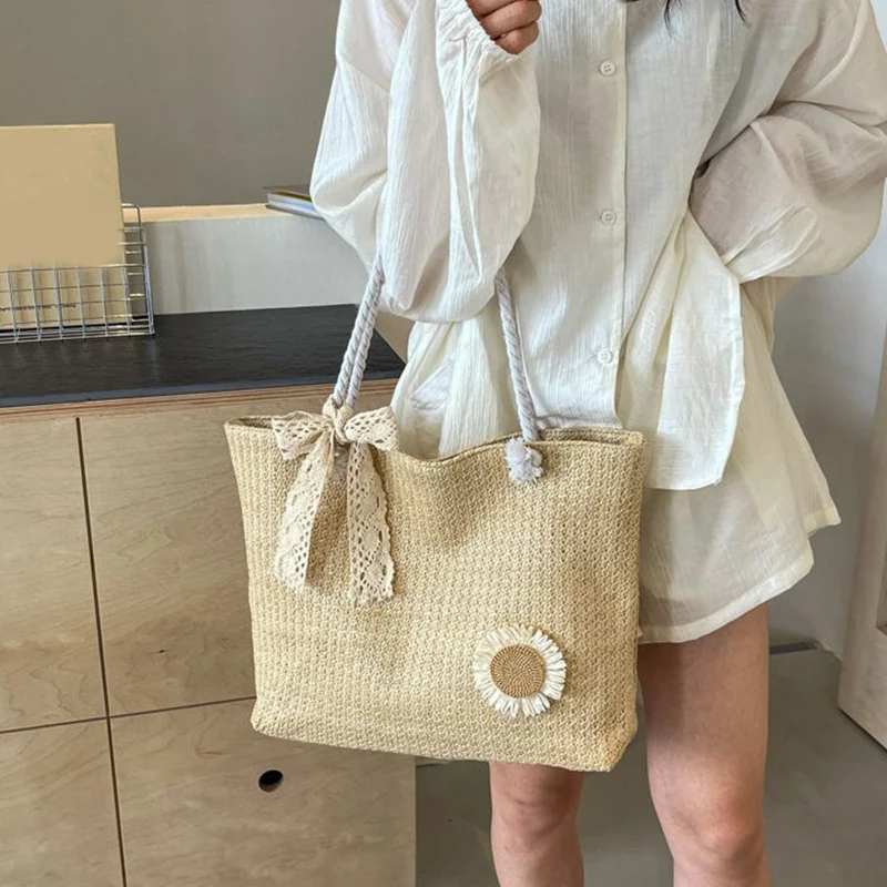 Fashion Straw Women Lace Ribbon Shoulder Bags Woven Female Handbags Large Capacity Summer Beach Straw Bags Casual Tote Purses
