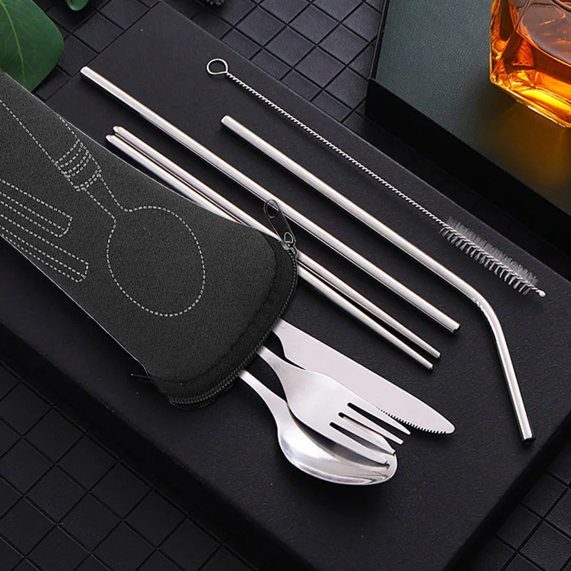 Tableware Storage Bag Stainless Steel Washable with Zipper Cutlery Kit Case Portable Pouch Dinner Household Travel Camping Spoon
